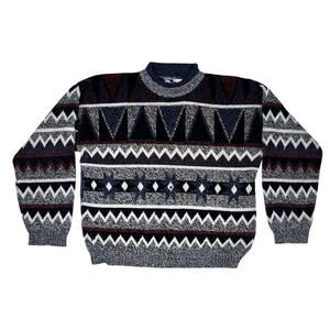 Vintage Today's News Sweater XL Double Collar Geometric Knit Acrylic Korea 80s